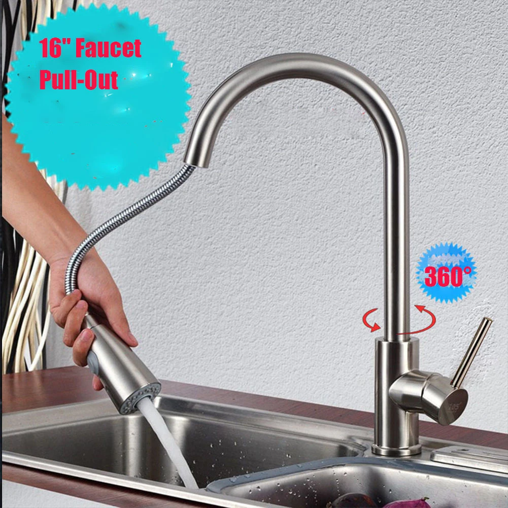 Home Sink Swivel Handle Single Hole Mixer Stainless Steel Kitchen Faucet Stream Pull Out Brushed Nickel Durable Sprayer Tap
