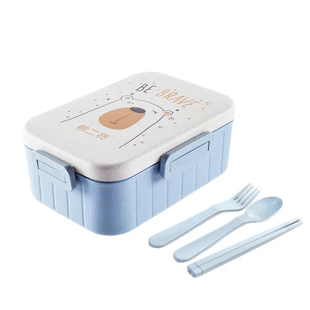 Розовый/синий мультфильм шаблон Ланч-бокс посуда Эко-дружественных портативный пластик Microwavable столовая посуда набор Bento box контейнер для еды - Цвет: Blue