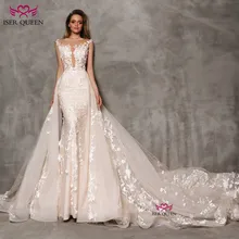 Свадебное платье с круглым вырезом, без рукавов, с аппликацией, со съемным хвостом, сексуальное, с открытой спиной, цвета шампанского, 2 в 1, свадебное платье W0646