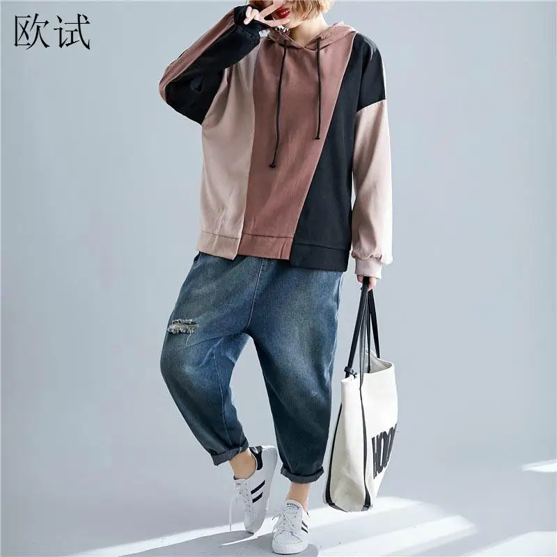 Tanie Ponadgabarytowych bluzy z kapturem bluza z kapturem Patchwork koreański styl kobiet 2019 Kpop bluza z kapturem bluza z kapturem bluza plus size Streetwear kobieta ubrania