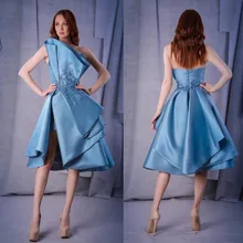 Синие Короткие Выпускные платья без бретелек Кружевная аппликация из бисера Сторона Сплит формальное платье индивидуальный заказ длиной до колена коктейльные платья