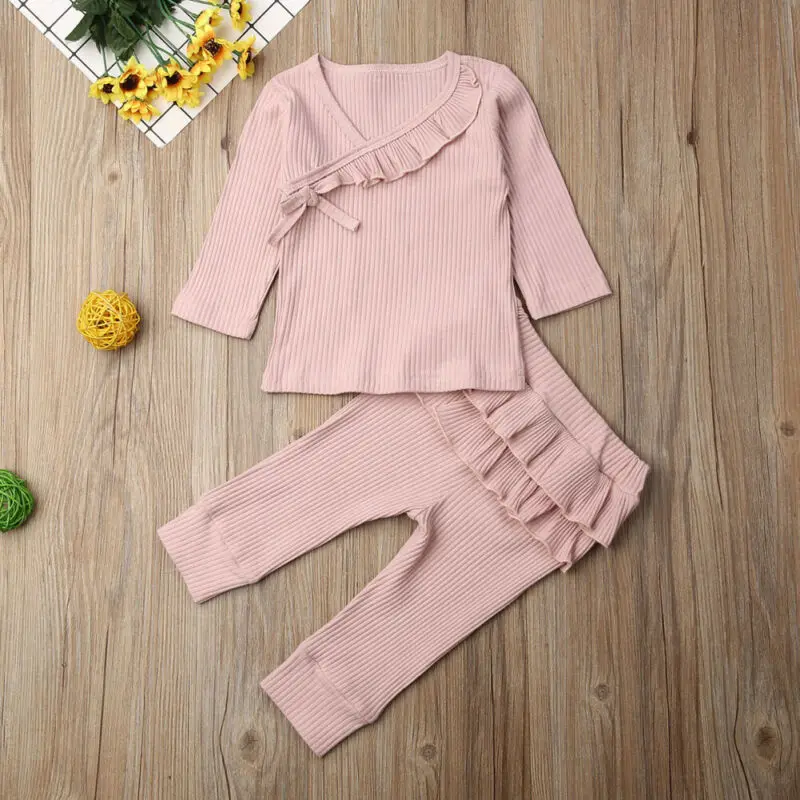 0-24M Infant Newborn Baby Girl Clothes Sets Autumn Winter Clothes Solid Ruffle Knitted Tops Leggings Pants Clothing Outfits Set