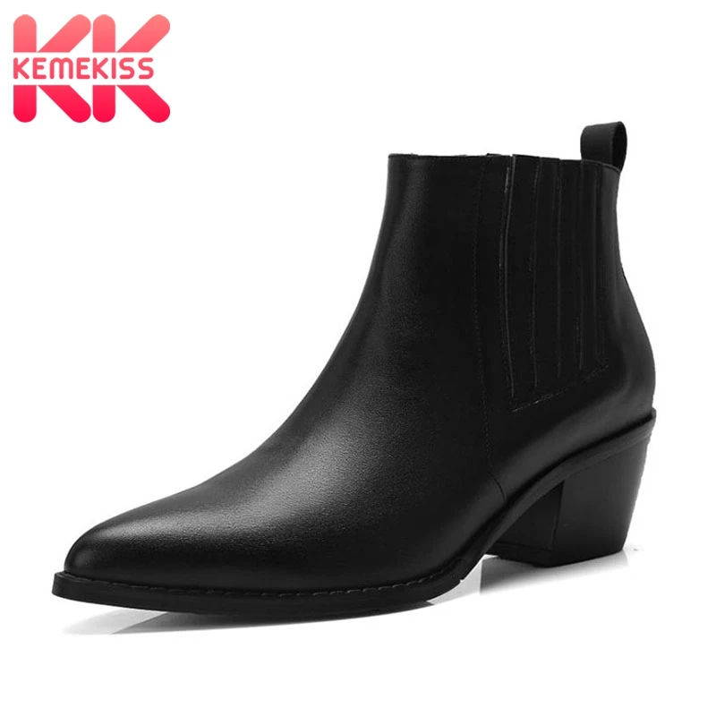 

KemeKiss Real Leather Women Chelsea Boots Autumn Winter Warm Ankle Boots Pointed Toe Zipper Thick Heel Shoes Woman Size 34-39