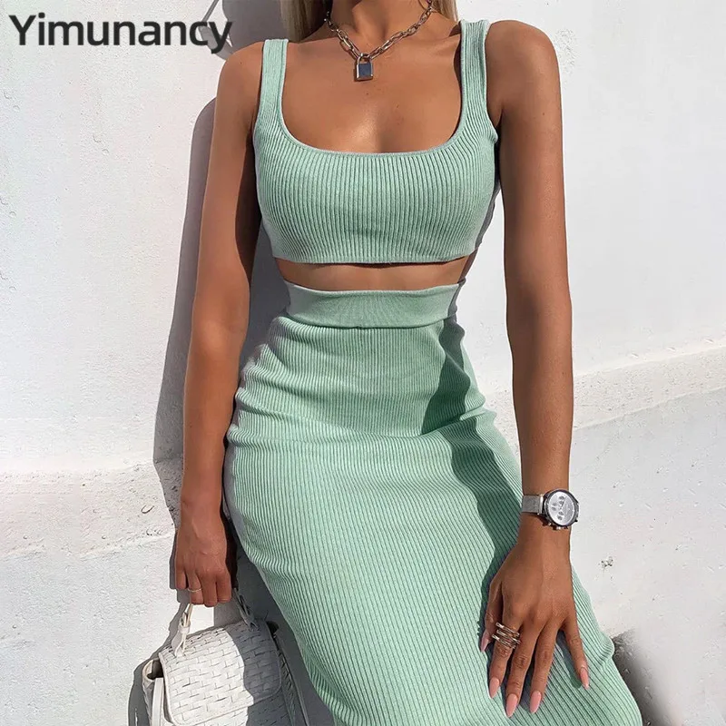 

Yimunancy 2019 Summer 2-Piece Dress Suit Women Fashion Sleeveless Crop Top + High Waist Skirt Mint Green Ladies Outfit