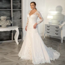 

Deep V-Neck Fulle Sleeve Court Train White Bridal Gowns for Brida Applique Floor-Length Button Lace-Up Wedding Dresses Summer