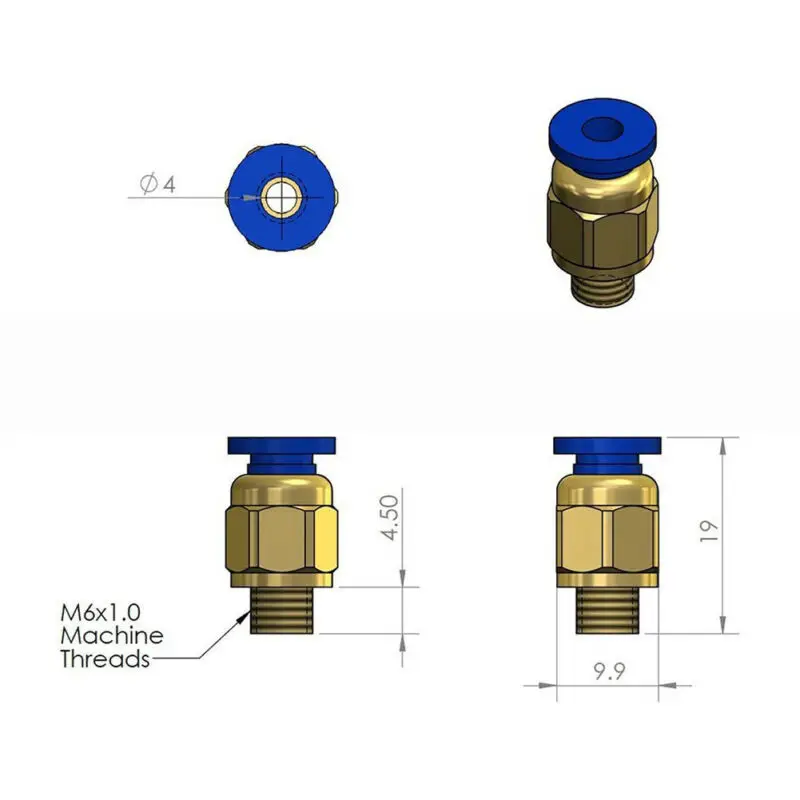 PC4-M6 пластиковый металлический Пневматический разъем для 3d принтера Reprap PTFE трубки GH65