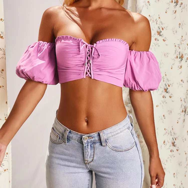 Townlike Off Shoulder Sexy Top T Shirt Women Short Puff Sleeve Slash Neck Tshirt Short Bandage 2020 Autumn T-shirt Femme 2020