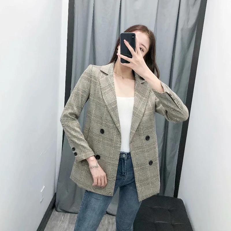 Bella philosophy Women Autumn Long Sleeve Plaid Blazers Jackets Vintage Loose Female Double Breasted Blazers Casual OL Outwears
