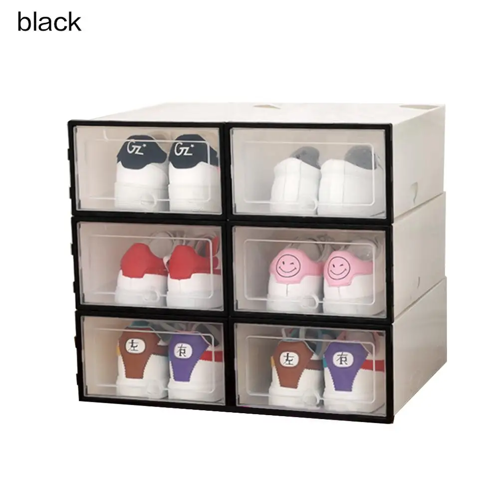 6 шт флип коробка для обуви утолщенный прозрачный ящик чехол Пластиковые обувные коробки Стекируемый ящик органайзер для обуви стеллаж хранение обуви - Цвет: BlackS