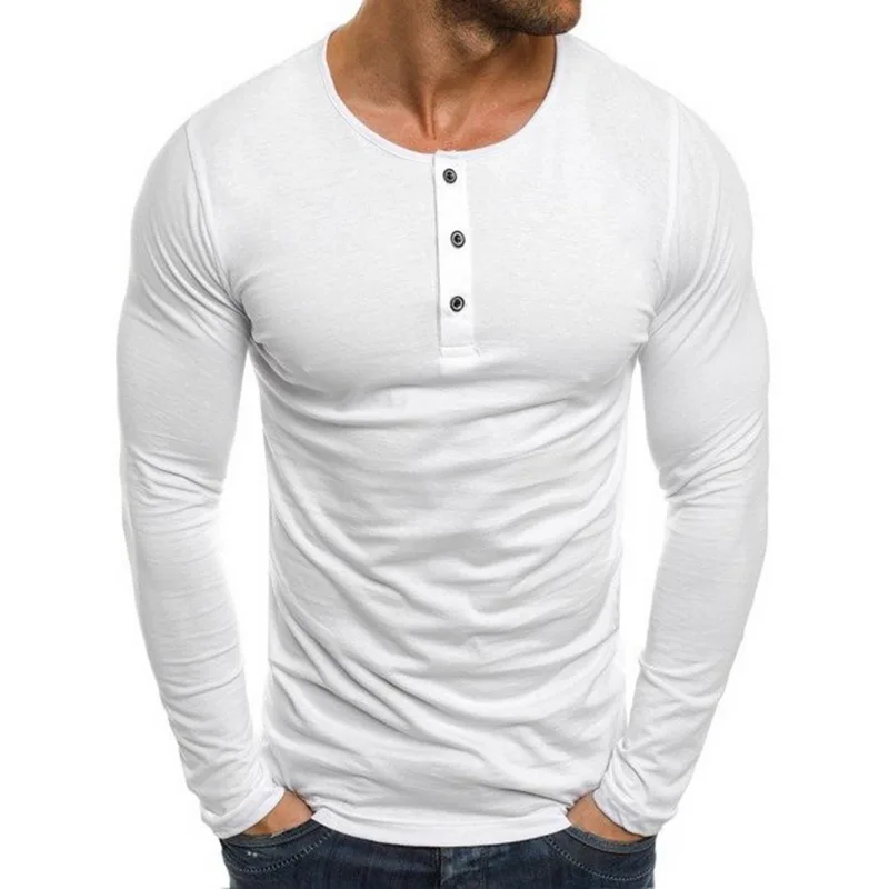 

DIHOPE 2020 Autumn New Solid Color Long Sleeve Henley T Shirt Slim Fit Tee Tops Soft Casual Button Men Casual Tee Shirt Homme