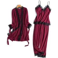 Сексуальный кружевной женский халат и платье, комплект, женская одежда для сна с длинным рукавом, хлопковый комплект из 3 предметов, пижама, Женская домашняя одежда, утолщенная домашняя одежда