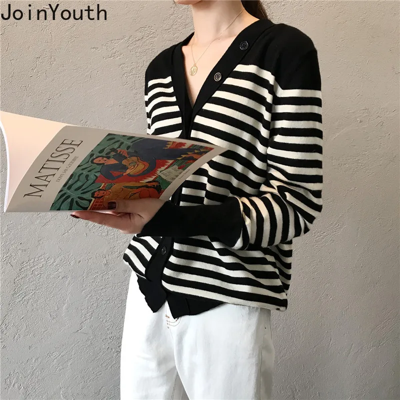 JoinYouth Полосатые кардиганы с v-образным вырезом однобортные винтажные корейские женские Свитера Осень Зима повседневные Sueter Mujer J147