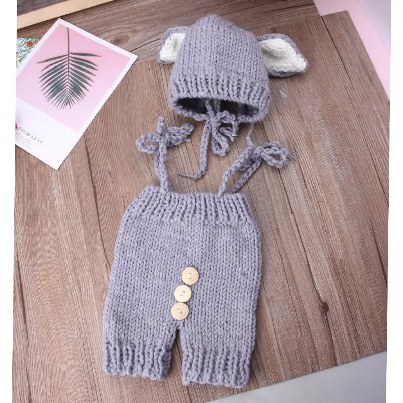 

2pcs Cute Baby Studio Clothing Set Newborn Photography Props Handmade Knitted Overalls With Fox Ear Hat Photography Accessories