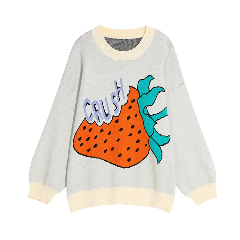 Multi ELFSACK Strawberry Print Casual Knitted Pullover Sweater Women Winter Pure Lantern Sleeve Oversized Office Ladies Sweaters - Color: Multi