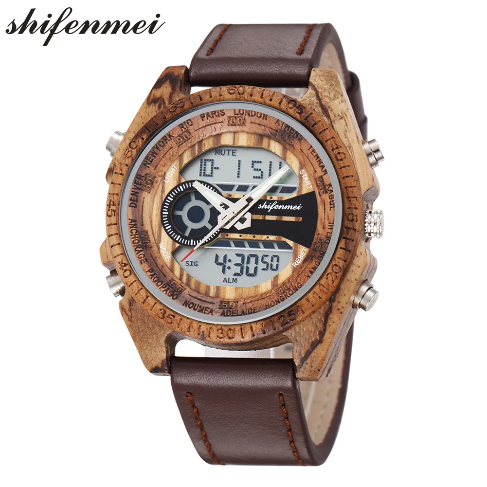 

Shifenmei Wooden Watch Men's Luxury Dual Time Digital Watches for Men Wooden Japanese Quartz Watch Men's Great Gift S2139L