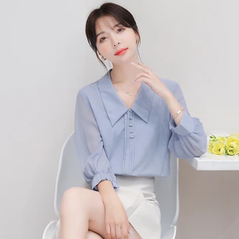 

COIGARSAM Office Lady Chiffon blouse women New Spring Brief Straight blusas womens tops and blouses Blue 8012