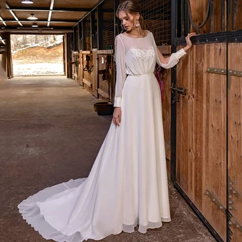 

Eightree Chiffon Beach Wedding Dresses Long Sleeve Vestido De Noiva Lace Appliques Pearls Boho Bridal Gowns Simple Bride Dress