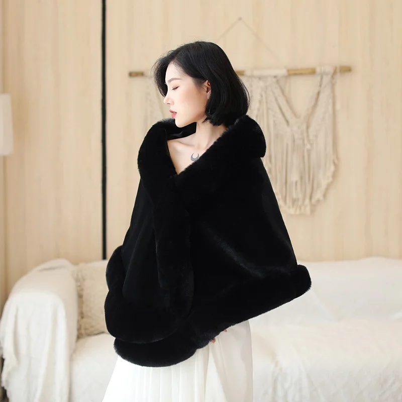 Black Faux fur Women Bridal Wedding Party Shawl Shrug Jacket Cape Stole
