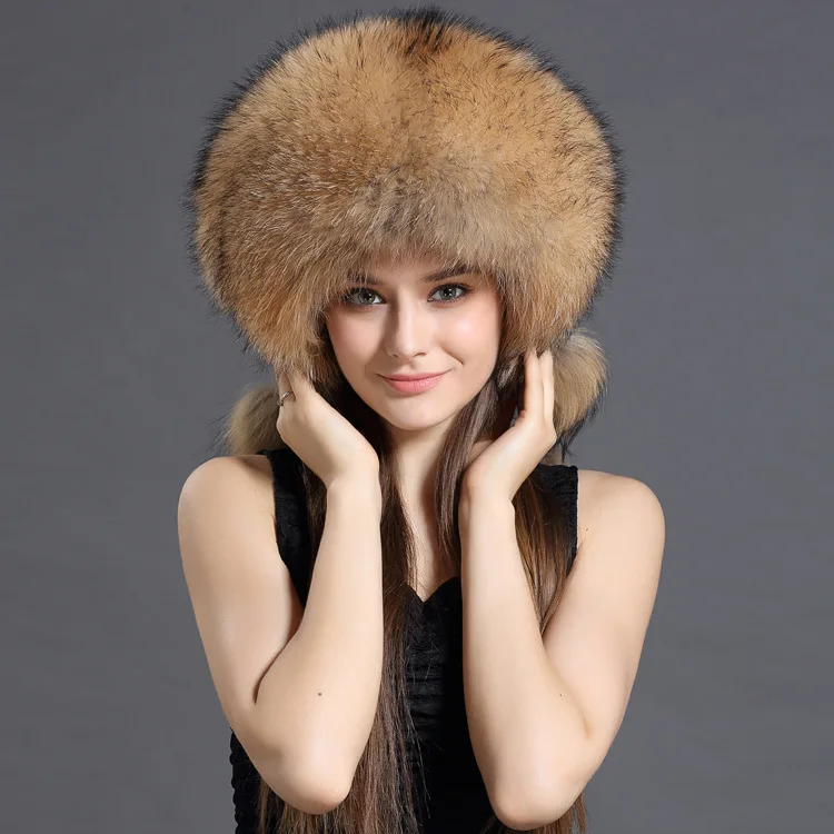 natural color MH bailment зимняя Дамская шапка из натурального меха енота русская уличная Женская куртка-бомбер модная шапка Lei Feng Фирменные Наушники колпачок для помпонов - Цвет: natural color