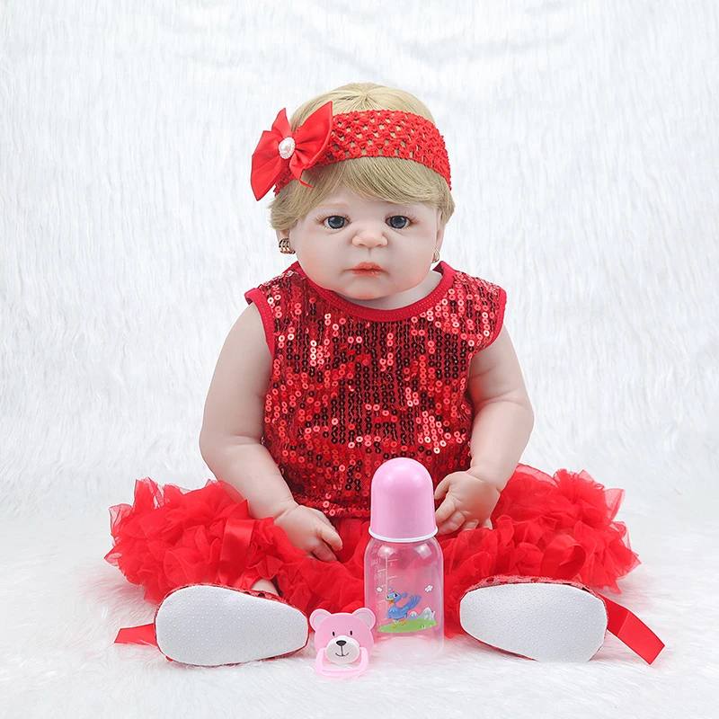 55 см Reborn Baby Doll игрушка полностью силиконовая моющаяся Красная принцесса платье ткань тело короткие волосы Реалистичная кукла малыш подарки для детей