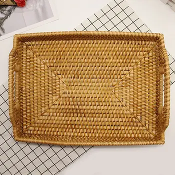

Rectangular Hand-woven Fruit Storage Basket Rattan Bread Serving Handcrafted Serving Tray for Breakfast Drinkware Snack Coffee