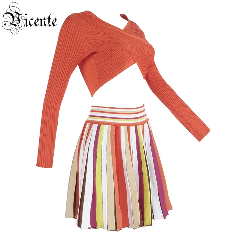 VC All Free Shipping New Chic Two Pieces Sets Mutli Striped Long Sleeves V Neck Celebrity Party Bandage Skirt Suit