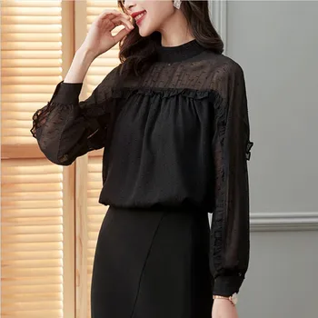

Office Ladies Black Chiffon Elegance Blouse Women Stand Collar Lantern Sleeve Loose Large Size Ruffle Dress Shirts Tops Spring