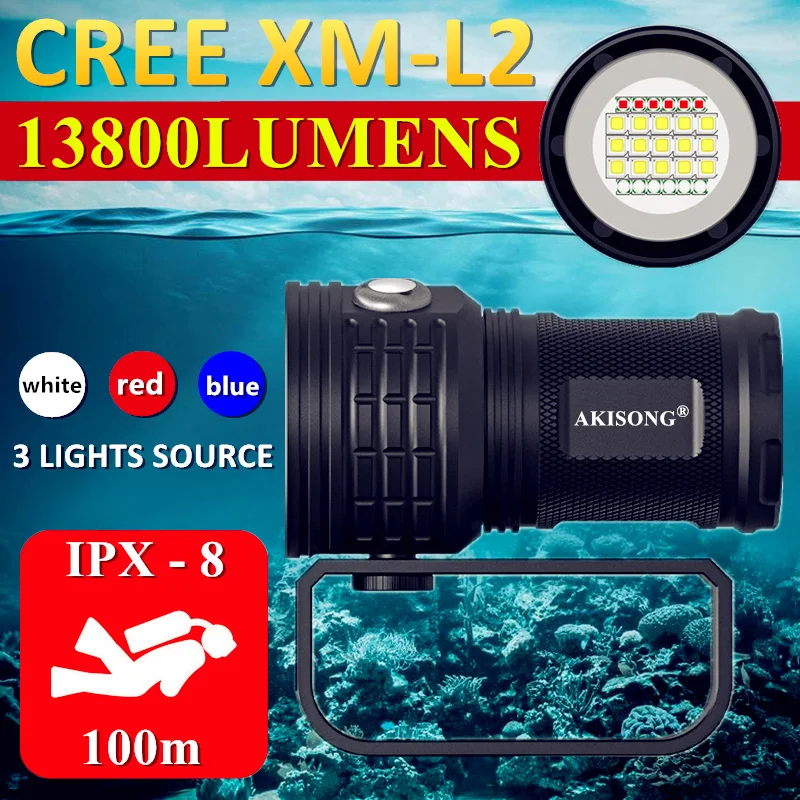 

15 * CREE XM-L2 IPX8 Waterproof LED Diving Powerful Flashlight High Power Hunting Tactical Torch Underwater 100m Dive Fill Light