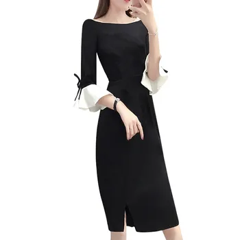 

Sexy Slim Flare Sleeves Knee-length Dress Autumn Ladies Black Ruffled Women's Solid Color Bodycon Party Dresses