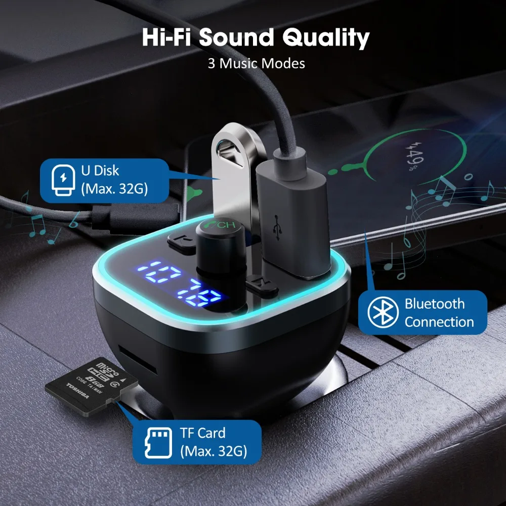 VicTsing H37 Bluetooth fm-передатчик QC3.0 Быстрая зарядка Hi-Fi беспроводной радиоадаптер с RGB светильник Hands-free& U диск/TF карта