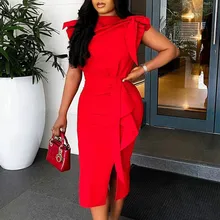 Robe moulante mi longue rouge pour femmes, tenue élégante, manches papillon, volants, fente, vêtements de fête de noël, grande taille, vêtements d'anniversaire 
