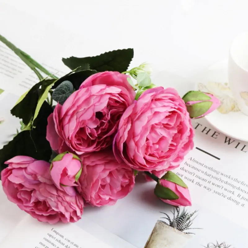 30 см розовые шелковые пионы, искусственные цветы букет 5 большая голова и 4 бутона дешевые искусственные цветы для дома Свадебные украшения в помещении - Цвет: A
