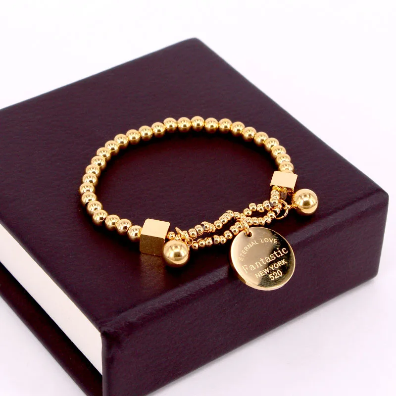 Stainless Steel Ball Beads Bracelet For Women Circle Tag Charm Stretch Strand Bracelet