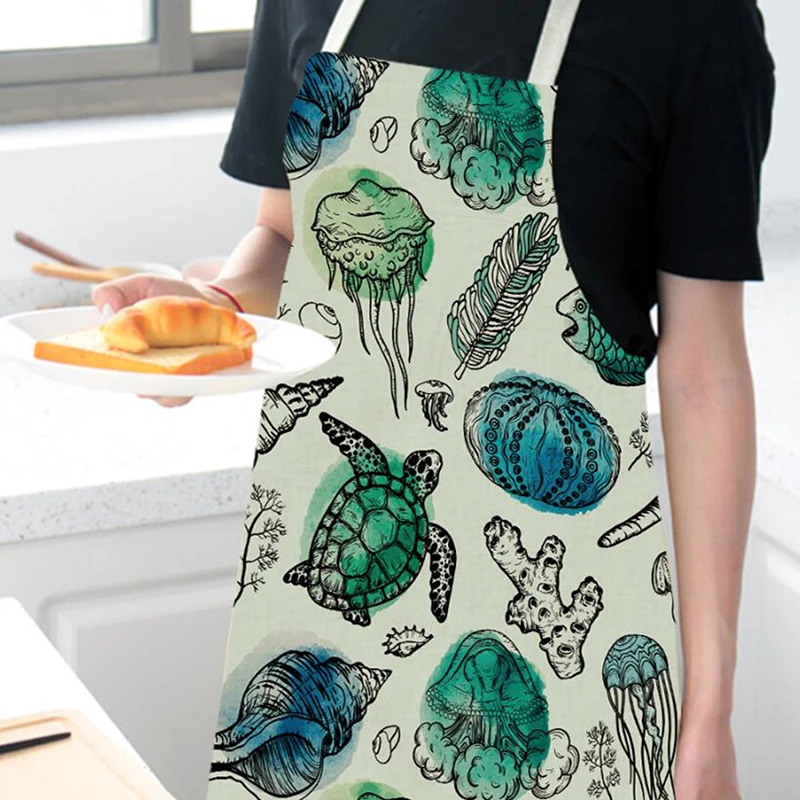 Kitchen Apron Funny Small Turle Printed Sleeveless Cotton Linen Aprons For Men Women Home Cleaning Tools