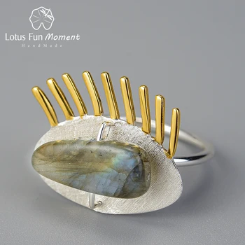

Lotus Fun Moment Real 925 Sterling Silver Handmade Natural Stone Fashion Jewelry Adjustable Ring Golden Eyelashes Ring for Women