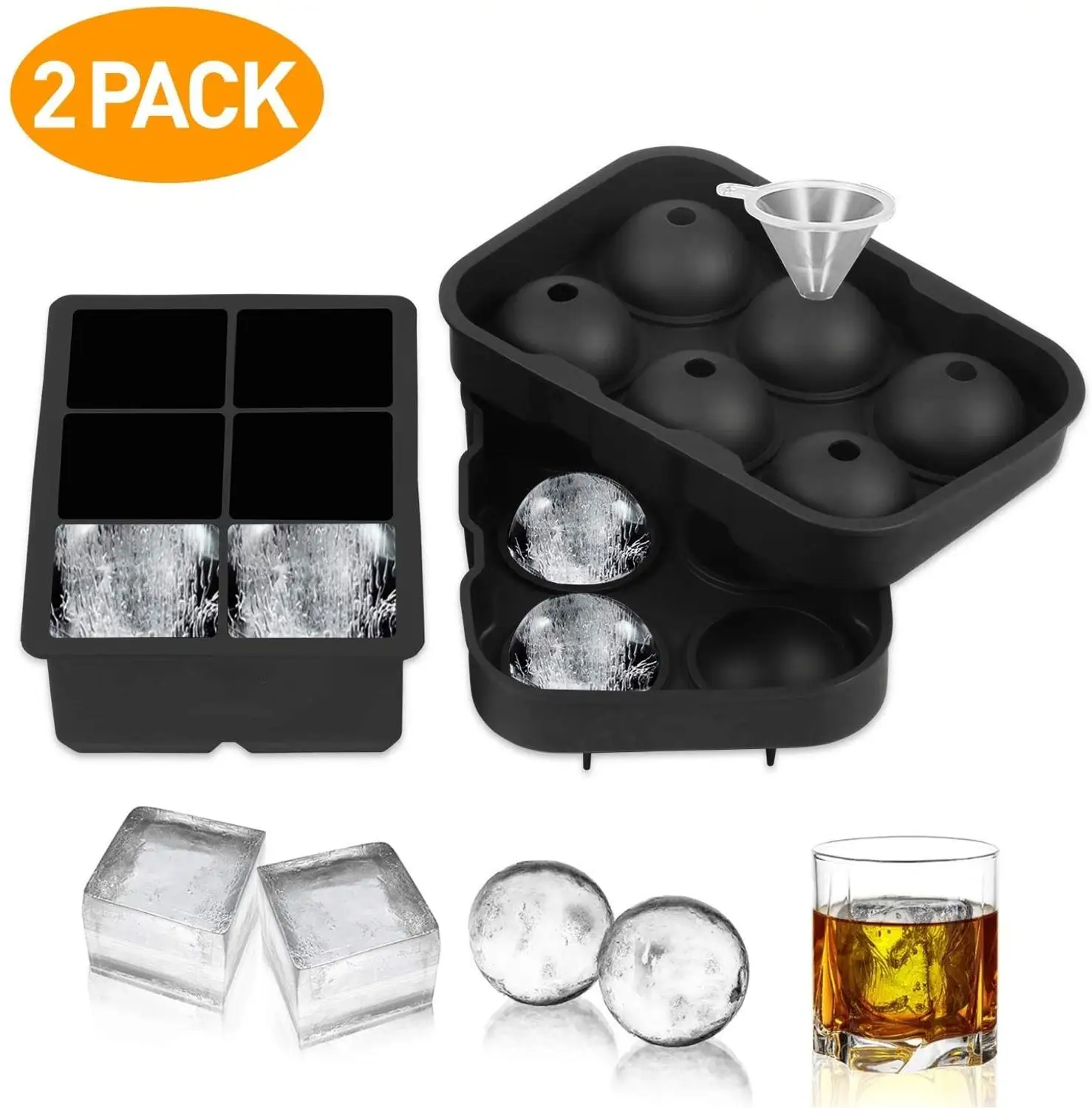 Set Of 2 Ice Cube Trays Silicone Sphere Whiskey Ice Ball Maker With Lids Large Square Ice Cube Molds For Cocktails Bourbon Ice Cream Makers Aliexpress