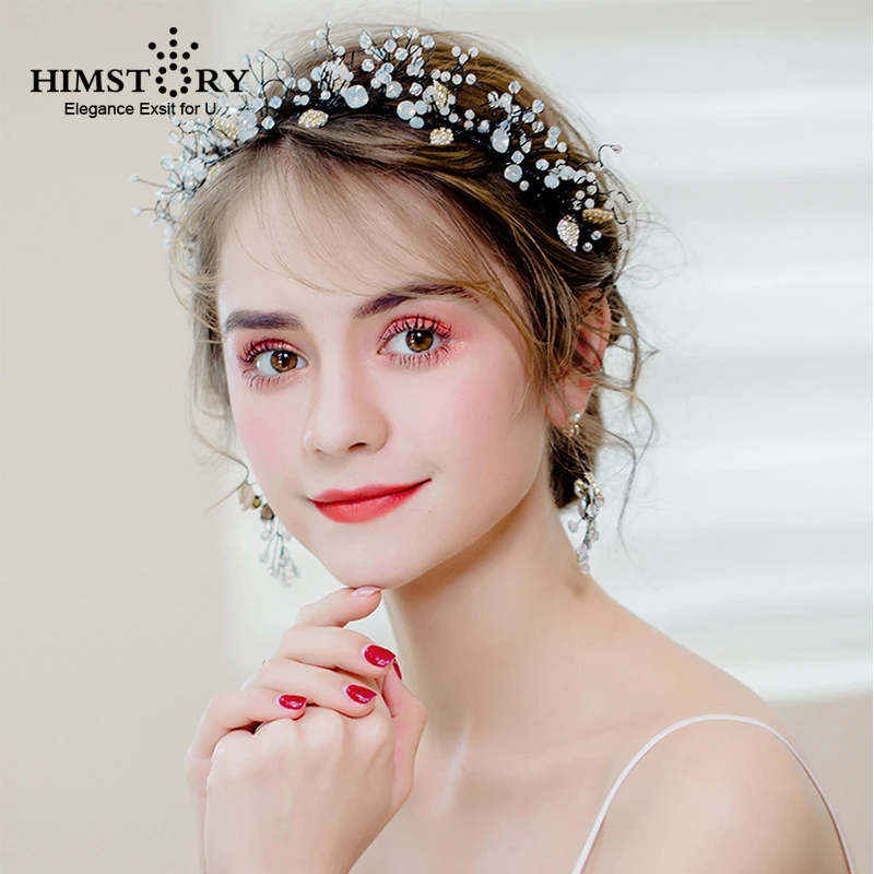 

HIMSTORY Black Vine Floral Wedding Headbands Bride Hair Accessories Pearls Hairband Bride Tiaras Handmade Orname
