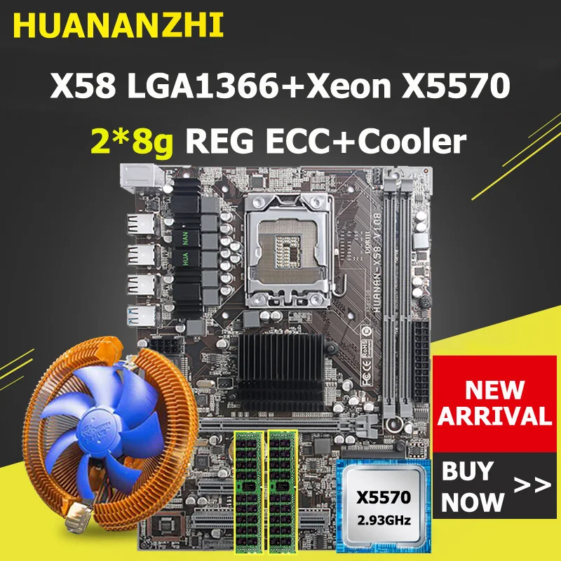 ^*Best Offers HUANANZHI X58 motherboard CPU RAM combo discount X58 LGA1366 motherboard with CPU Xeon X5570 with cooler RAM 16G(2*8G) REG ECC