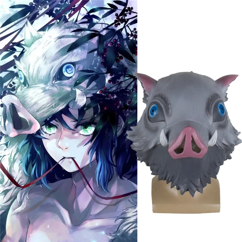 

Hot Anime Demon Slayer: Kimetsu no Yaiba Mask Hashibira Inosuke Cosplay Latex Mask Halloween full face Helmet Party Headgear