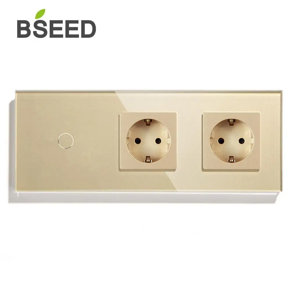 BSEED стандарт ЕС 1 банда 2 банды 3 банды 1 способ 2 пути сенсорный выключатель с двойной розеткой черный белый золотой кристалл стеклянная панель - Цвет: Gloden 1Gang