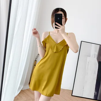 

Satin Ruffles Spaghetti Strap Women Nightdress Satin Nightgown Female Sexy Nightwear Soft Sleeveless Silky Sleep Dress Home Wear