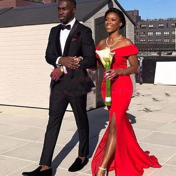 

Red Bridesmaid Dresses For Women's Wedding Off The Shoulder Wedding Party Dresses Mermaid Side Split Gown Robe Lace Up Back
