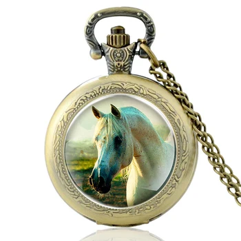 

High Quality Vintage Horse Glass Dome Quartz Pocket Watch Classic Men Women Bronze Necklace Pendant Gifts