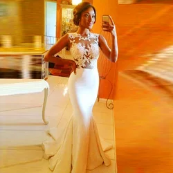 Sexy O Neck Mermaid Long Formal Evening gown Lace Appliqued Robe de Soiree  Abendkleider Lang Custom mother of the bride dresses