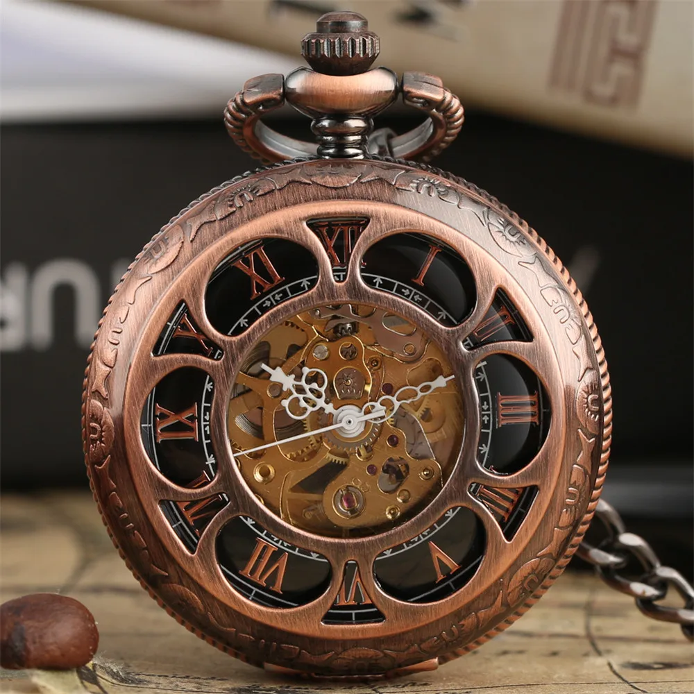 Ouro Preto Abóbora Flor Oco Relógio de Bolso Mecânico Numerais Romanos Display Luxo Pingente Bolso Relógio Presente com Corrente Rosa de