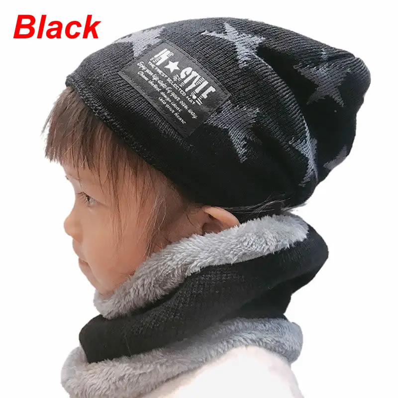 Black Модная детская шапка из шерсти и флиса, детские вязанные шарф и шапка, комплект для маленьких мальчиков и девочек, зимняя теплая шапочка шарфы с капюшоном - Цвет: Black