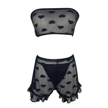 

pajamas Women Sleepwear Sexy Tube Top Strap Nightwear Lace Print Trim Satin Cami Top Pajama Lingerie Sets Пижама женская