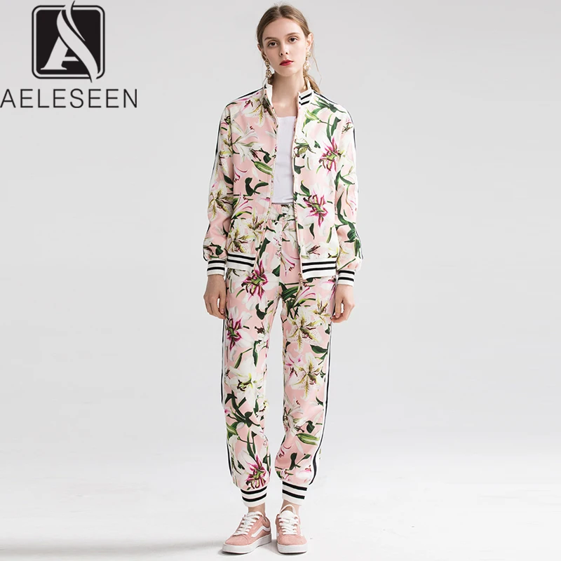 

AELESEEN 2020 Spring Autumn New Lily Series Twinset High Quality Women Suits Stand Collar Zip Open Tops + Ankle-Length Pants Set