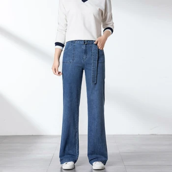 

2019 new spring and autumn office lady cotton stretch high waist female women girls brand wide leg pants jeans clothing