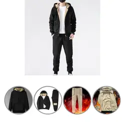Ensemble de sport élégant pour hommes, couleur unie, cordon thermique, fermeture éclair, survêtement, sweat à capuche, costume, 2 pièces/ensemble 